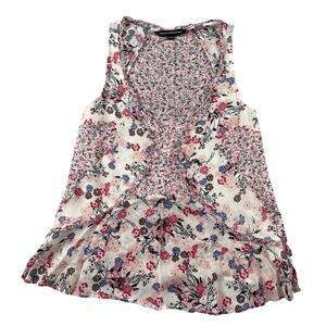 French Connection Top Womens 2 White Pink Multi Floral Chiffon Raw Edge Tank